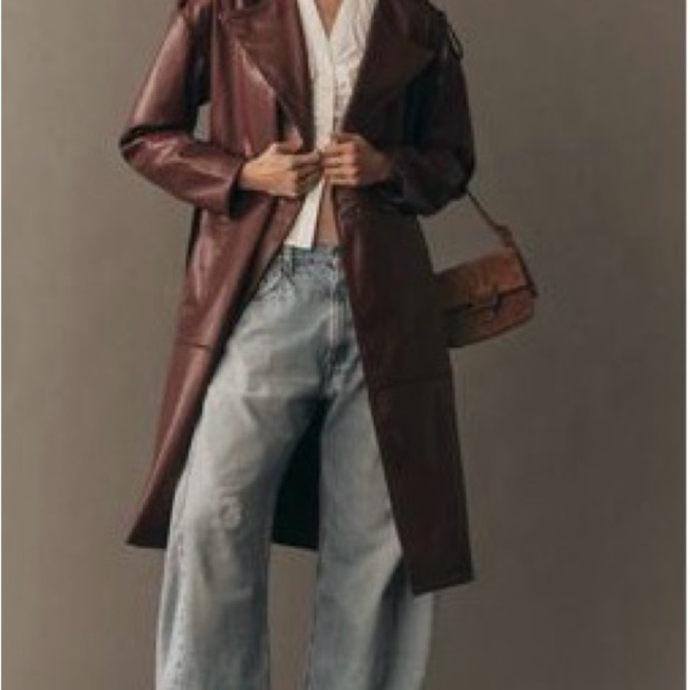 Women's wine faux Leather Trench Coat - Classic Longline Jacket
